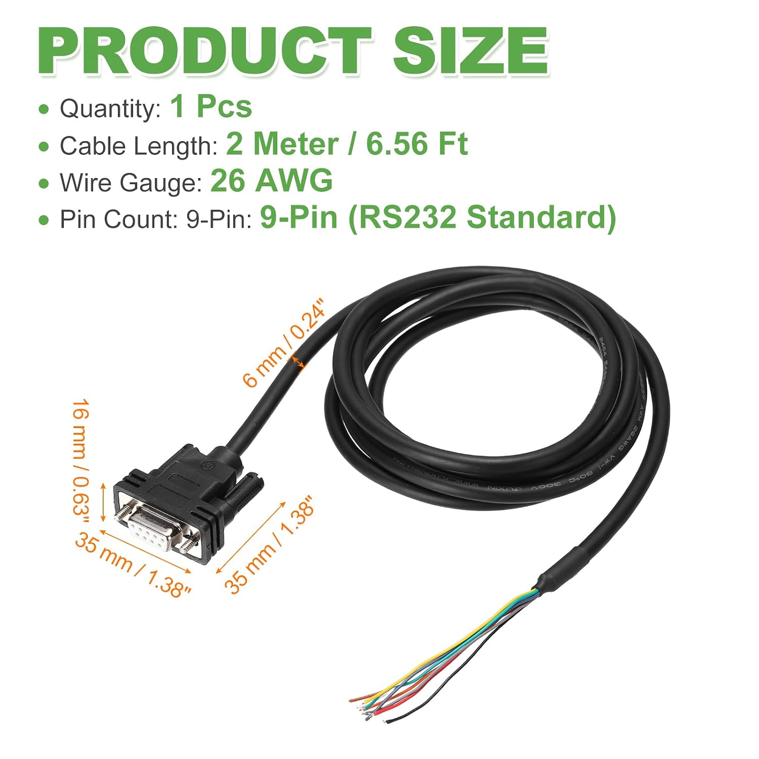 PATIKIL 6.6 ft 26AWG DB9 Female Connector to Bare Wire END RS232 9-Pin Serial Extension Cable Double Shielded Gold Plated Female Connector, Black