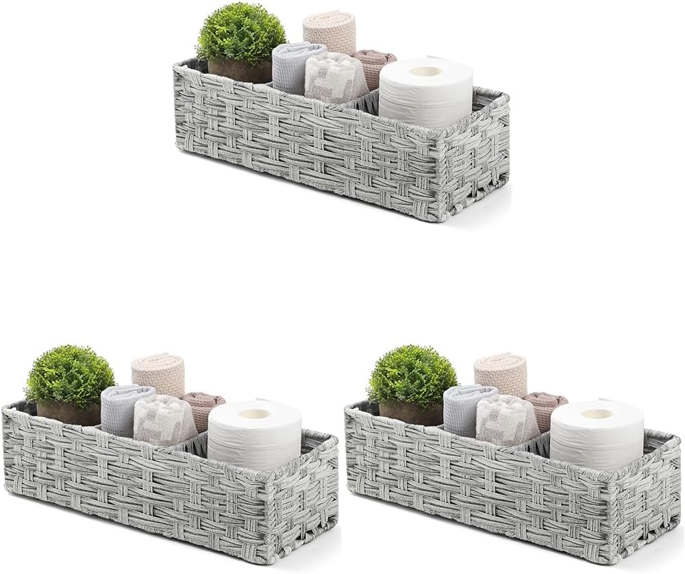 [Larger Compartments] Toilet Tank Topper Paper Basket - Multiuse Hand Woven Plastic Wicker Basket with Divider for Organizing, Rustic Farmhouse Bathroom Decor, Countertop Organizer Storage, Gray Wash