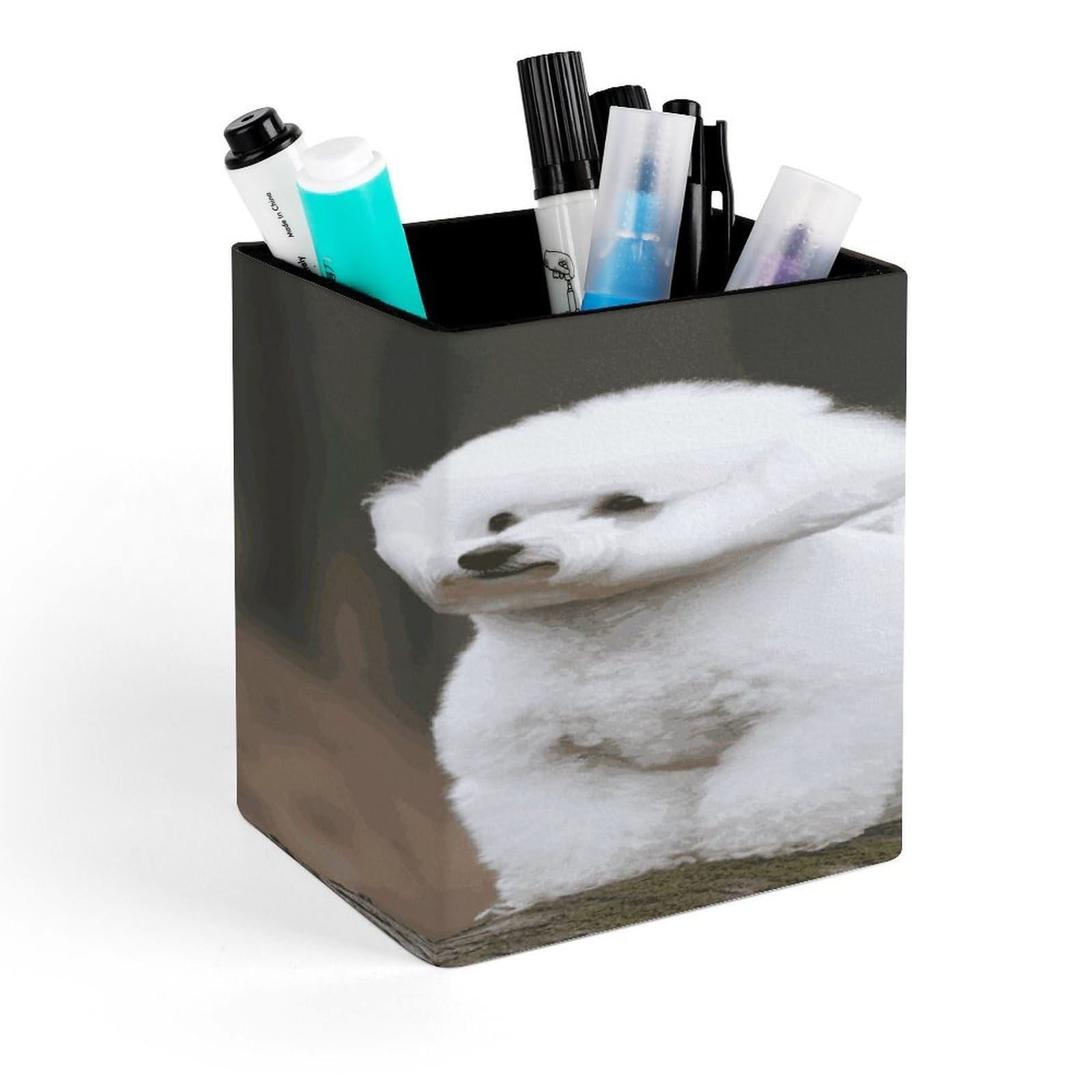 MUSM Bichon Frise Pen Holder Square PU Leather Desktop Organizer And Makeup Brush Holder Storage Box Modern Design Stationery Organizer for Office Desk Accessory