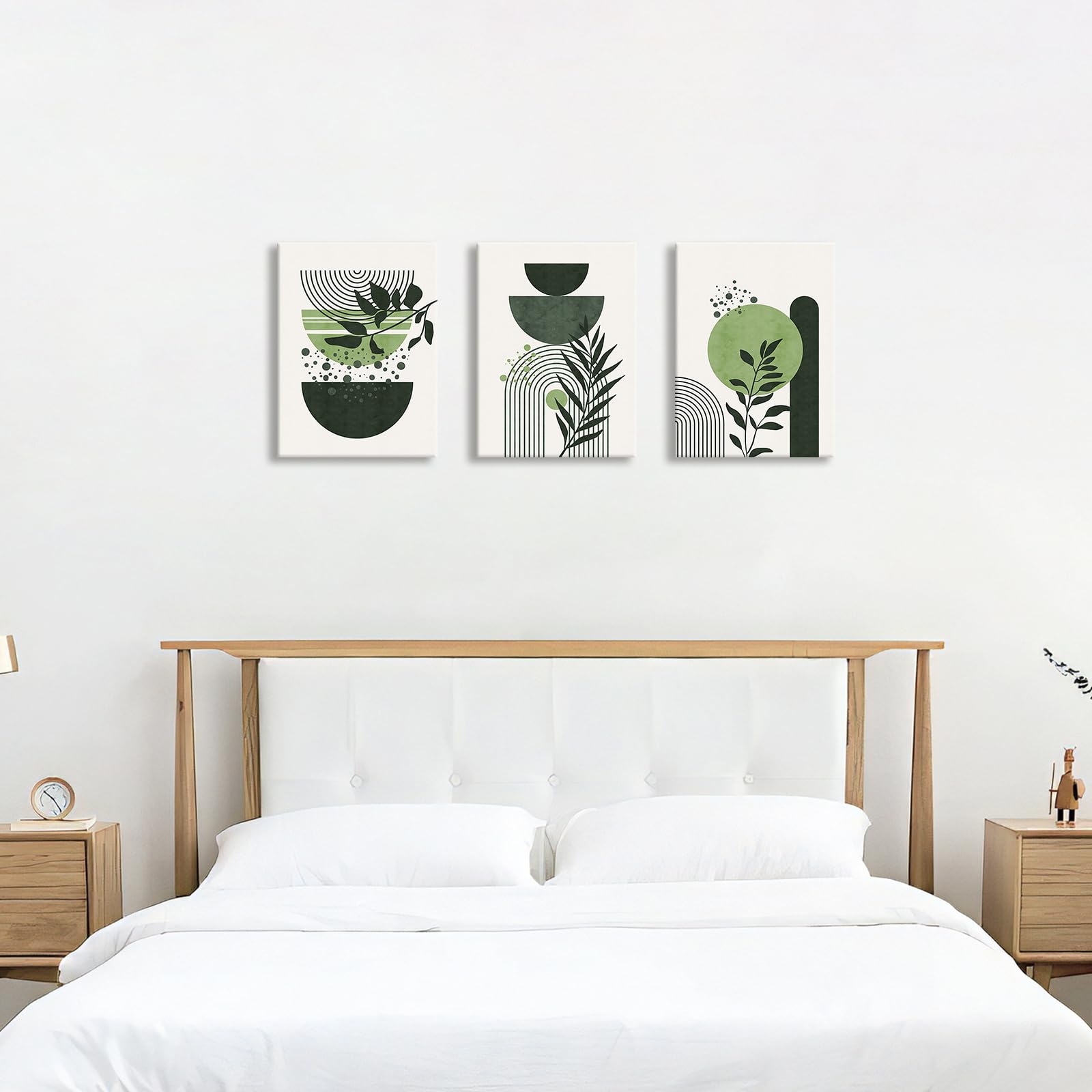 Sage Green Boho Wall Art Set Of 3 – Geometric Line Leaf Sun Moon Paintings In Solid Wood Frames - View #2