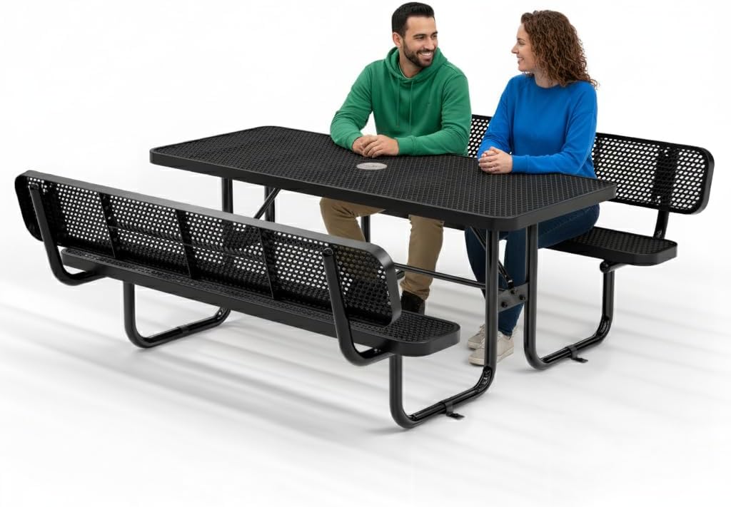 Commercial Heavy-Duty Metal Picnic Table with Backrest - ADA Compliant, Adjustable Seats, Umbrella Hole, Expanded Metal (Black, 6' Rectangular with Back)