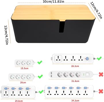 Cable Tidy Box Large Cable Box with Bamboo Lid Cable Management Box Black Cable Organiser for Hiding Cables and Plugs