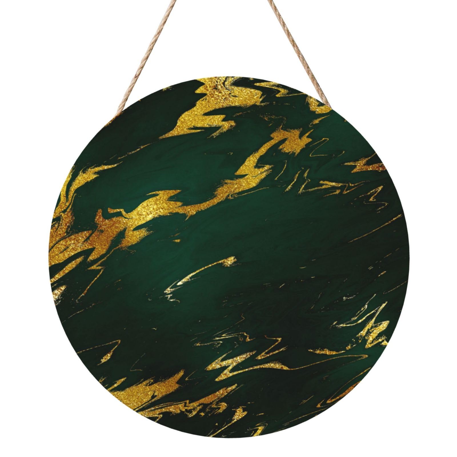InOmak Emerald Deep Green Earth Tones Gold Marble, Round Wood Panel Painting 12 in, Wall Hanging Painting For Home