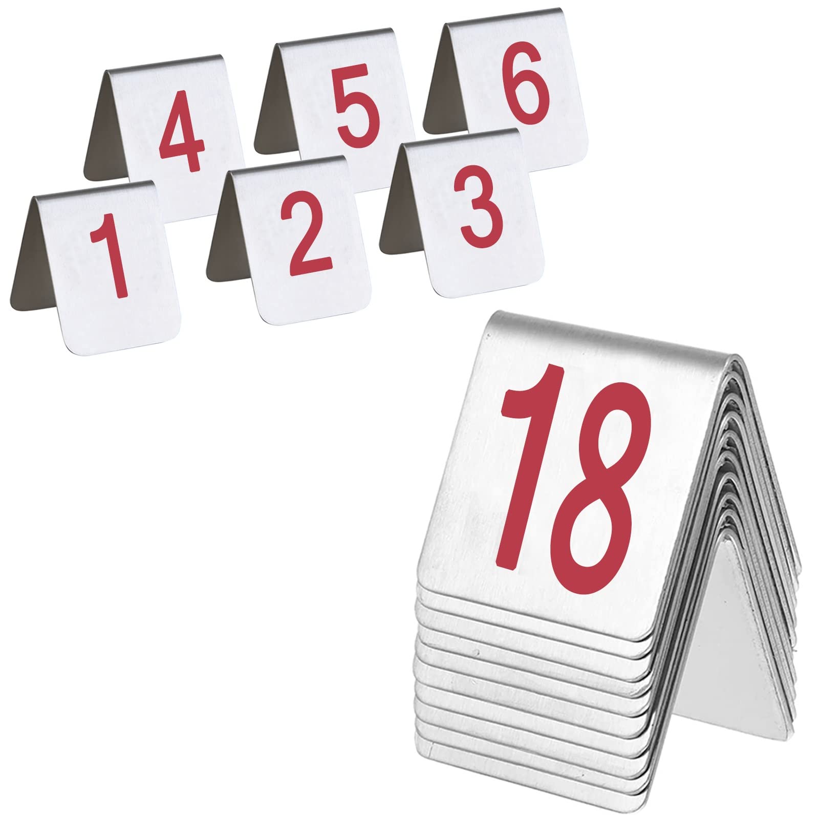 MYUYEE Metal Number Tags Stainless Steel, Table Numbers Tent Style, Place Cards Double-Sided Number 1 To 10/20, Tabletop Number Sign For Banquets, Cafés, Restaurants (Red-7.5X6X6.5Cm)
