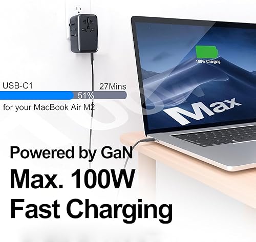 Miniatura 3 de JMFONE Adaptador de viaje universal con GaN 100W, adaptador de enchufe de corriente internacional de 5 puertos 4*USB C+1*USB A y múltiples tomas AC,