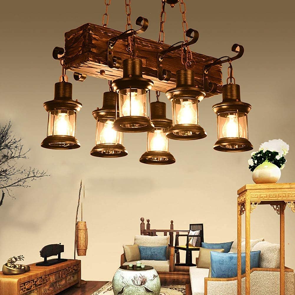 Bloohk One Color 6-Light Industrial Wood And Metal Chandelier, Farmhouse Pendant Light