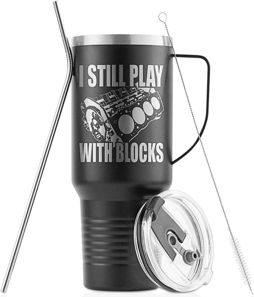Onebttl Mechanic Gifts for Men, Gifts for Him, 40oz Tumbler with Handle and Straw, Insulated Coffee Mug with Lid, I Still Play with The Blocks