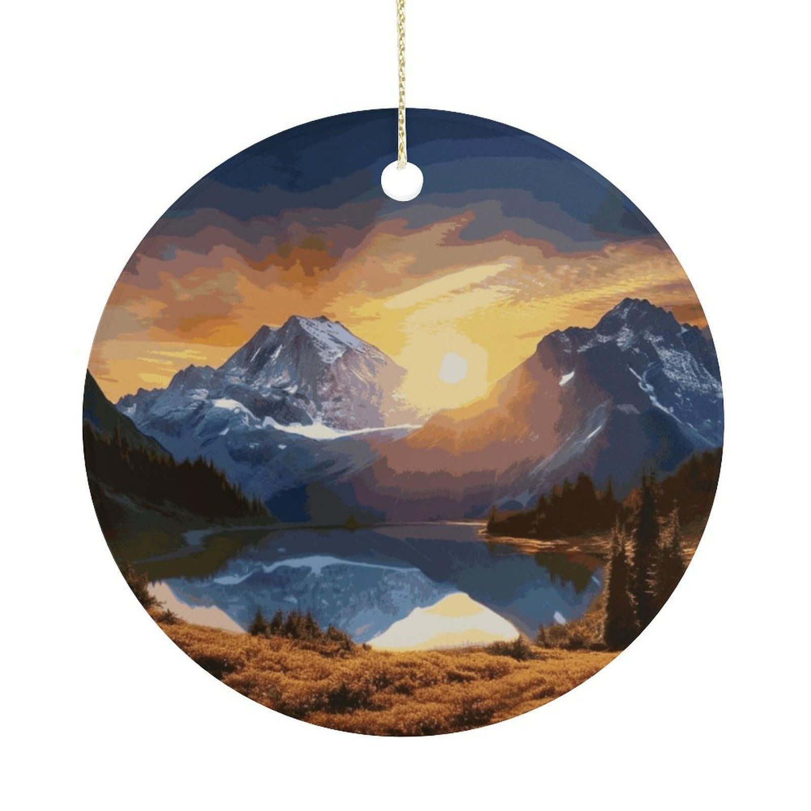 Mountain Sunrise Christmas Ornaments Colorful Round Ceramic Ornament Christmas Hanging Decor Christmas Tree Decorations Xmas Keepsake for Women Men Xmas Holiday Party