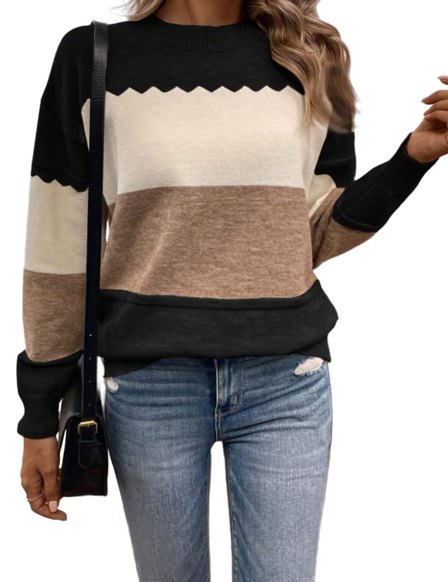 Kinghua Knit Sweater for Women Fall Winter Color Block Crewneck Long Sleeve Loose Pullover Sweater Tops