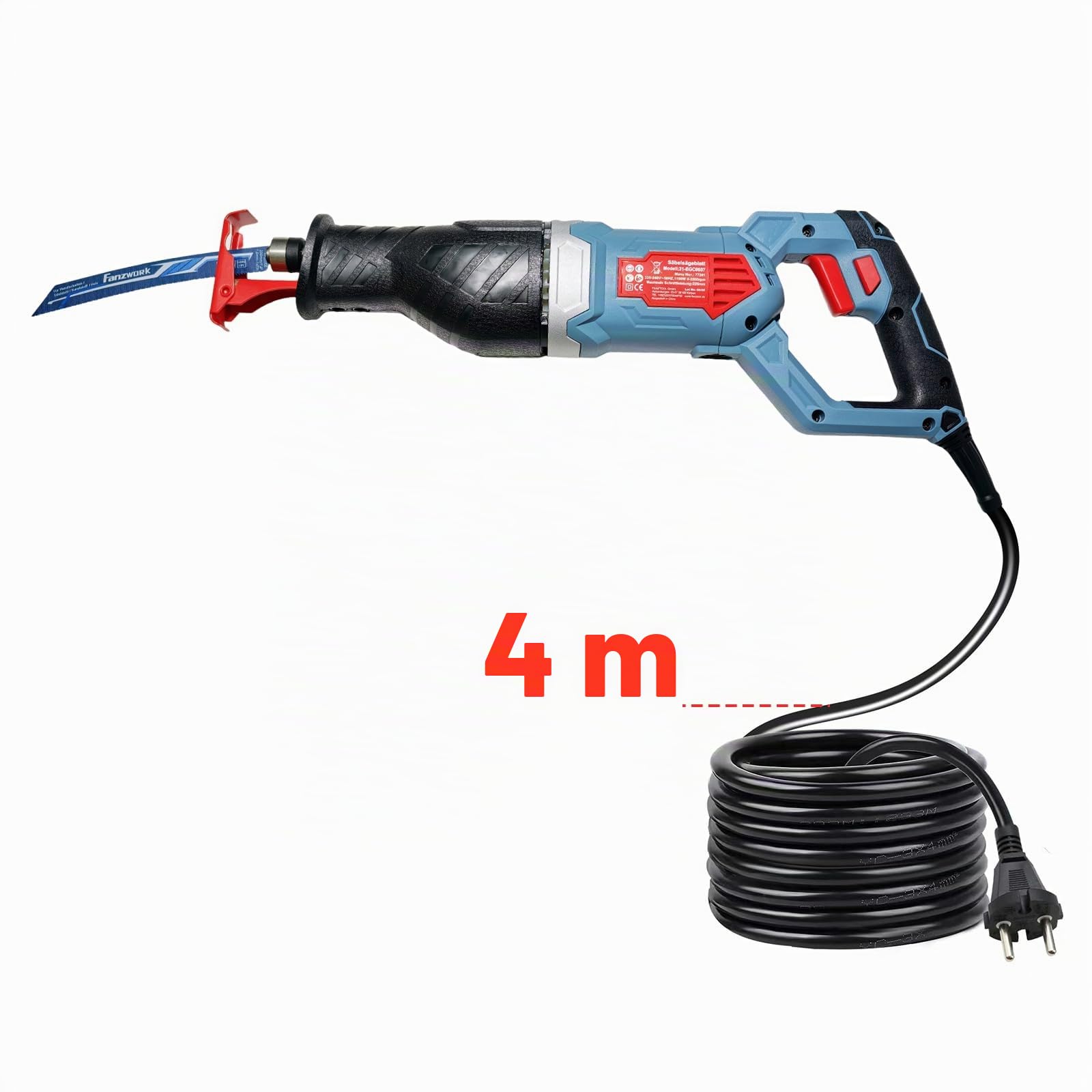 FANZWORK Scie sabre électrique 1100W – Scie alternative avec 0–2500 SPM, LED, Lame Incluse, Câble de 4 m – Pour le bois, le Métal et le Plastique, etc. – Changement de lame sans outil