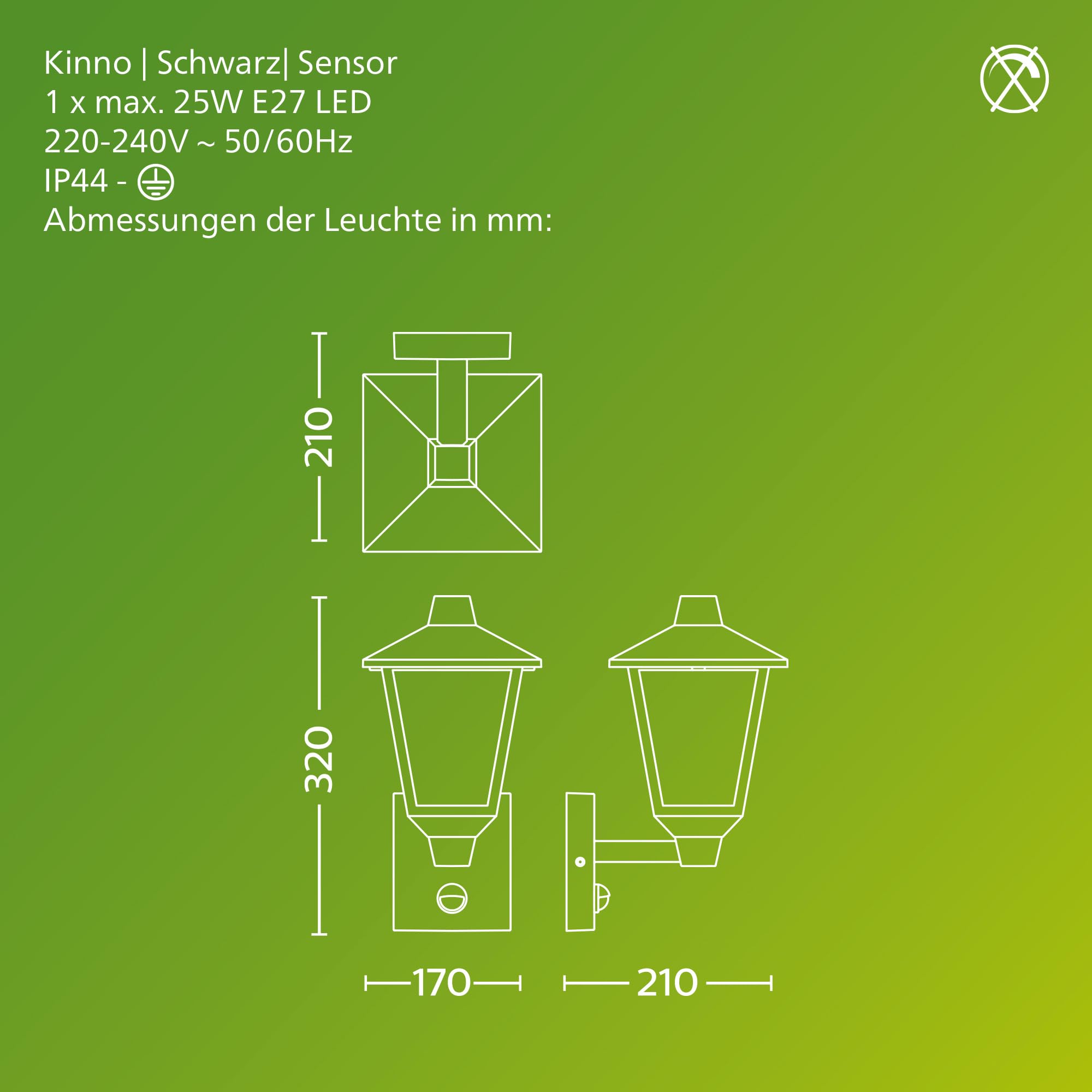 Philips Kinno Außenwandleuchte mit Sensor, Up-Light, Max. 25 Watt, E27-Fassung, Schwarz