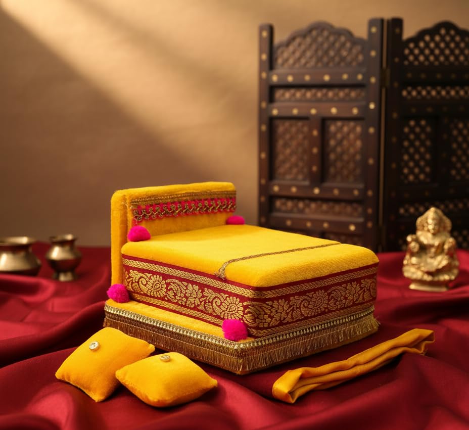 Image of RD Handicraft Thakur ji Bed, Laddu Gopal ji Bed, Bal Gopal ji Bed with Blanket Silk All Purpose Bed |Yellow (17x16x10 cm)