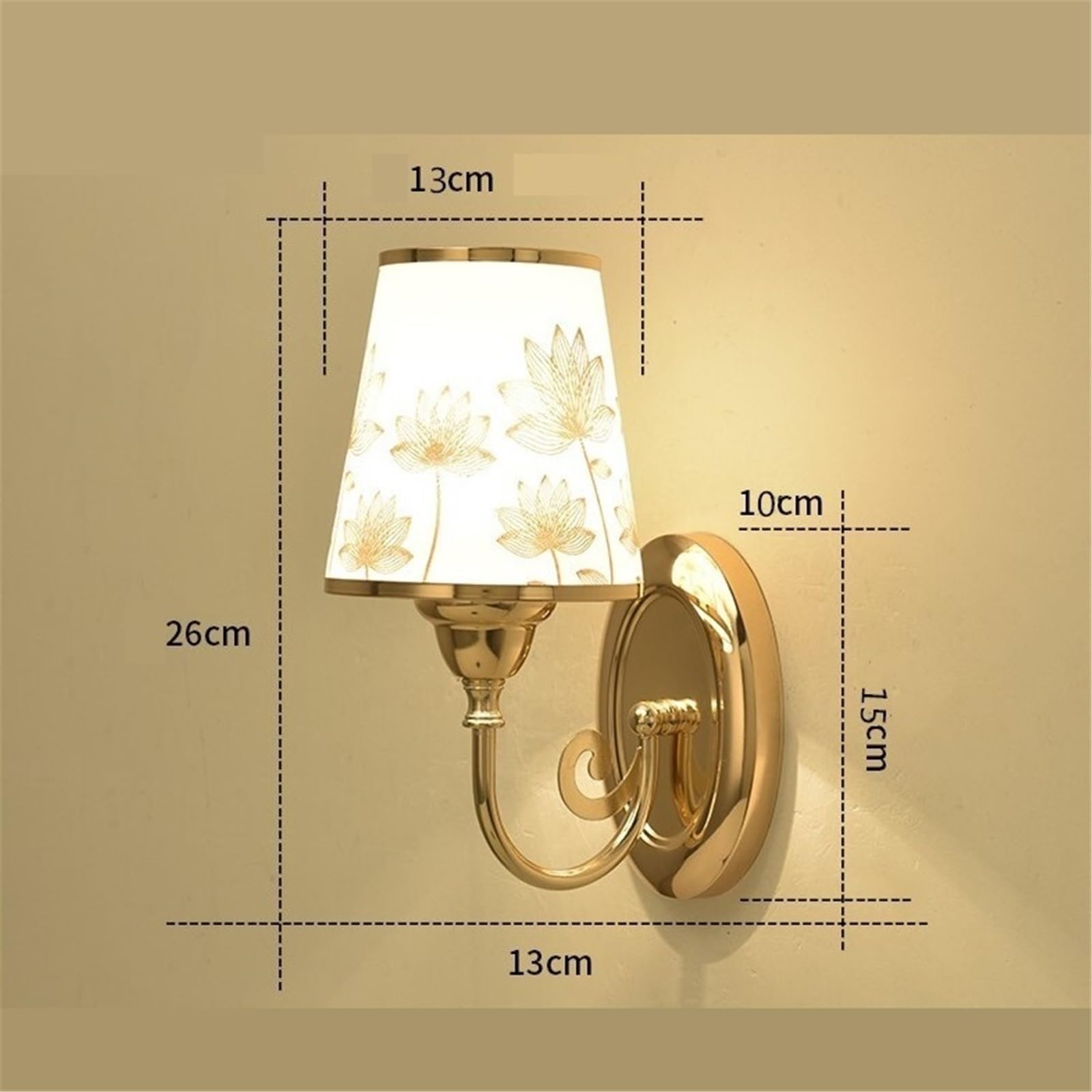 Golden Metal Wall Sconce Lotus Printed Fabric Shade Lamp Applique