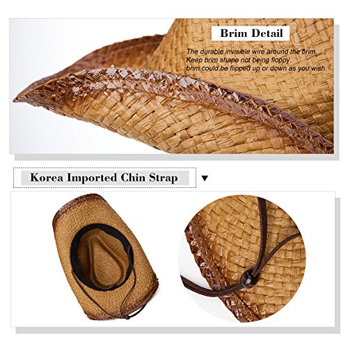 Comhats Mens Western Style Round Cowboy Straw Hat Fedora Chin Cord Vegan Leather Band Shapeable Brim Beach Large Coffee L #TOP4