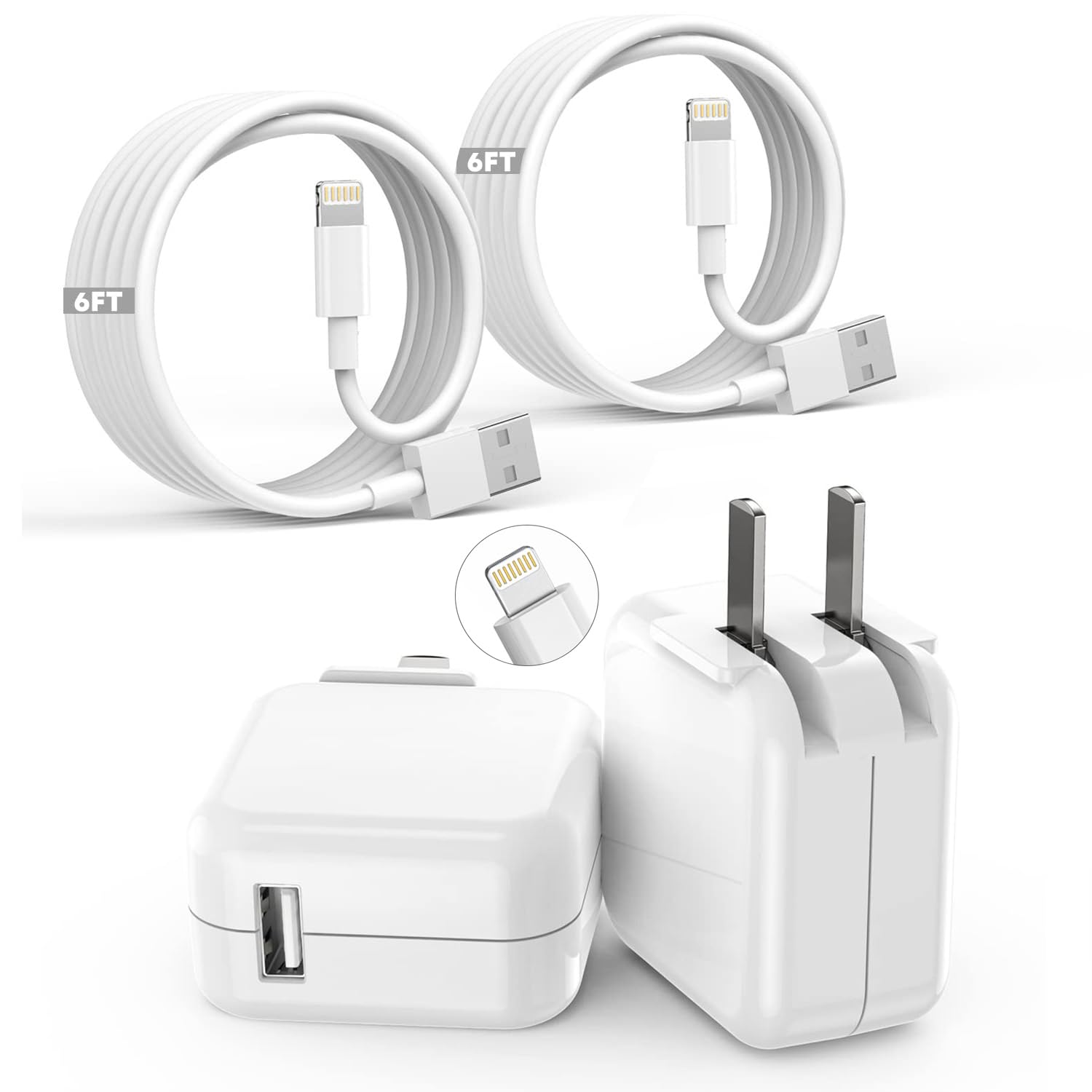 Photo 1 of iPad iPhone Charger Fast Charging [ Apple Certified ] 2Set 6FT USB to Lightning Cable iPad Cord with 12W Foldable Block i Phone Charging Travel Wall Plug Compatible with i Pad, iPadPro, iPadAir,iPhone