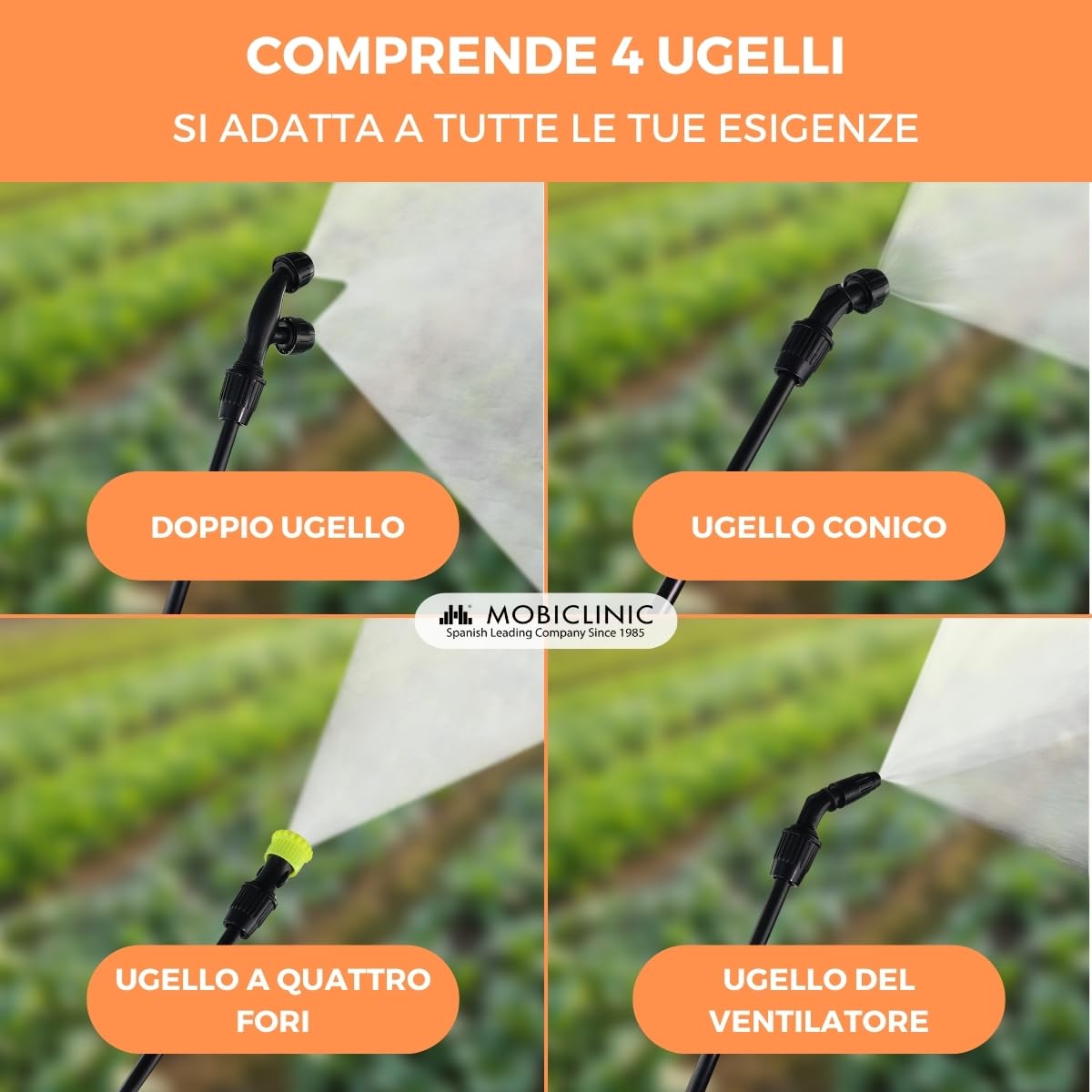 Mobiclinic®, Pompa a Pressione Manuale, 16 L, Giardinaggio, Pressione della pompa, 4 ugelli regolabili, Leggero 2 kg, Spruzzatore, Irrigazione, Controllo dei parassiti, Cura delle Piante, Fumibug