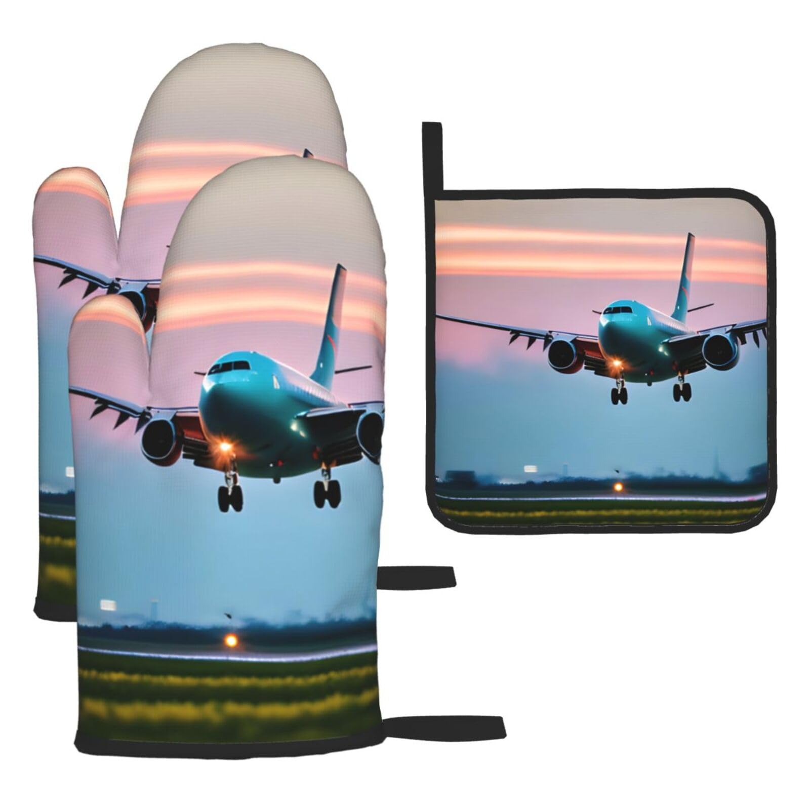 Yyoretp Black Airplane In The Evening Lights Print Oven Mitts And Potholders Bbq Gloves-Oven Mitts And Pot Holders For Cooking Baking