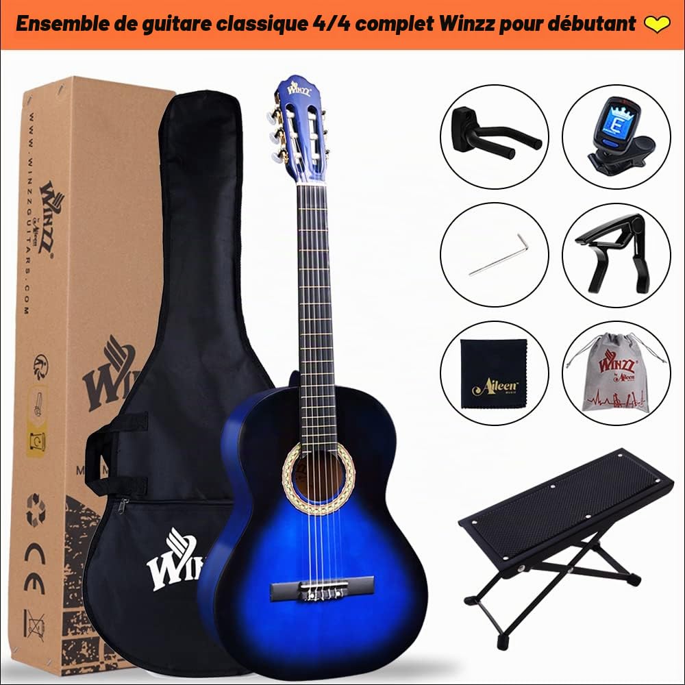 Winzz Guitare classique 4/4 Set Débutant - 39 Pouces Guitare Classique Kit Avec Cordes en Nylon pour Adultes, Enfants à partir de 10 Ans et Plus, Bleu