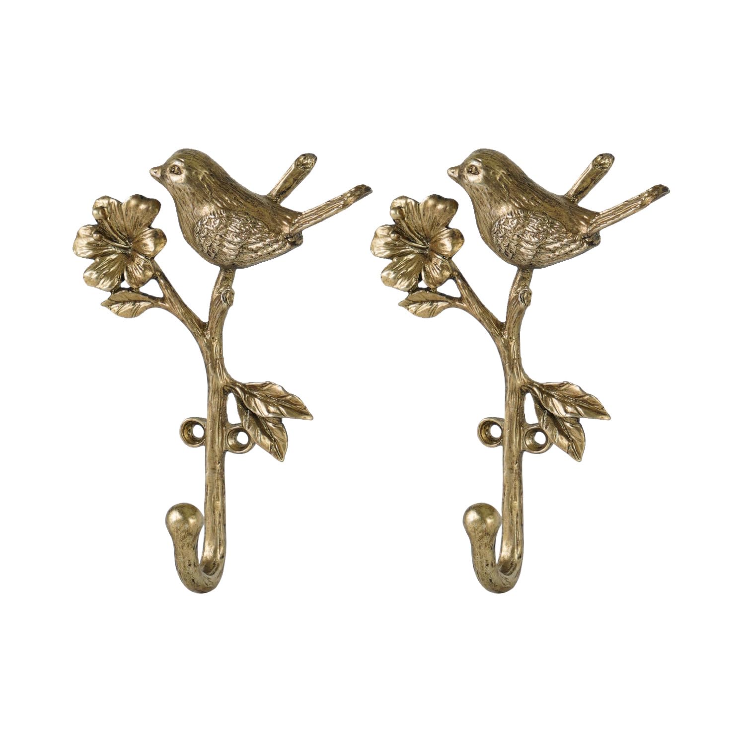 SOFFEE DESIGN 2pcs Metal Gold Coat Hooks with 3D Bird & Flowers Shape, Heavy Duty for Entryway, Bathroom, Bedroom Farmhouse Decoration
