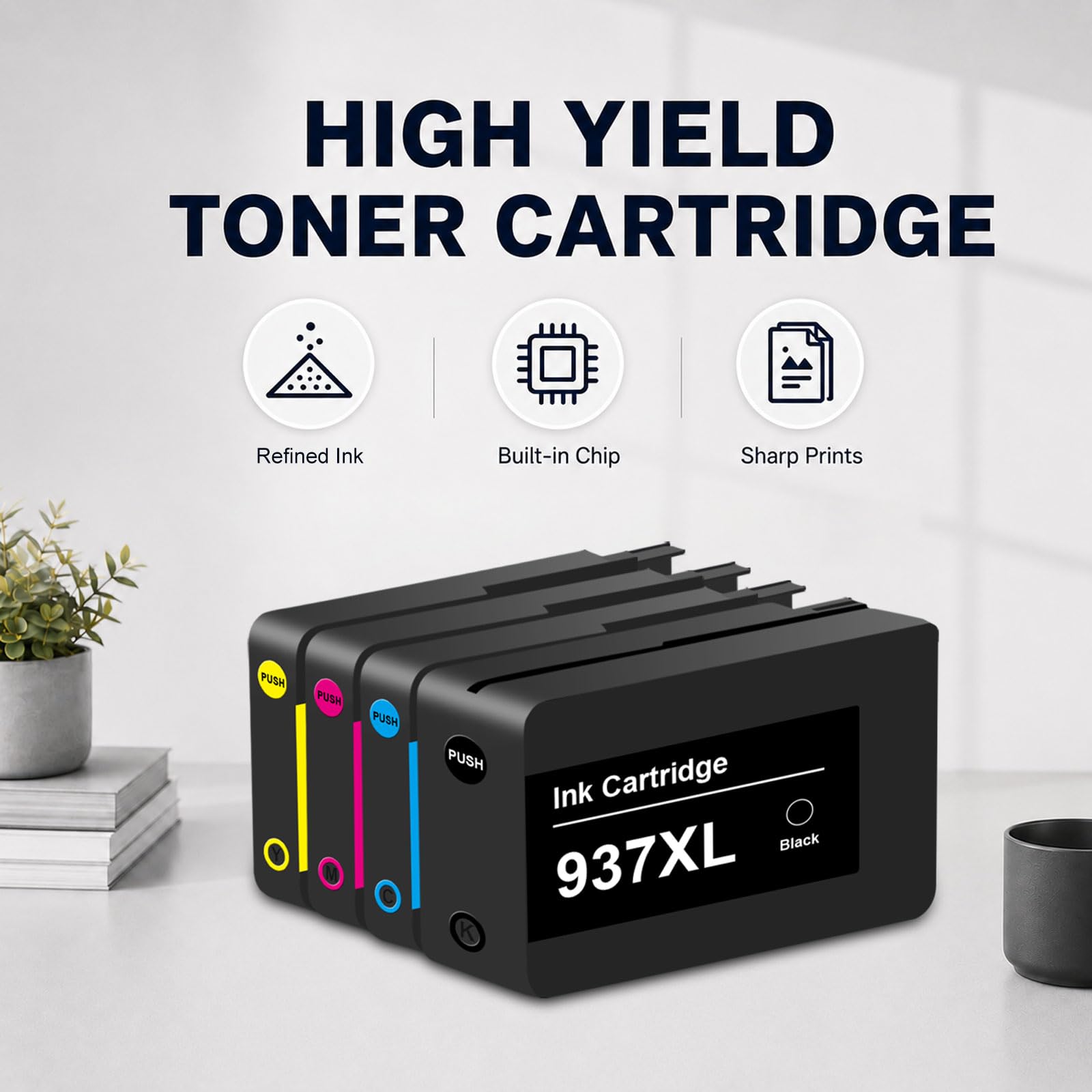 937XL 937 Lot de 4 cartouches d'encre de rechange pour imprimante HP 937XL, compatibles avec OfficeJet Pro 9110b 9120b 9130b 9720 9730 9120e 9122e 9125e 9130e 9132e 9135e 9720e 9730e (noir) Cyan Cyan
