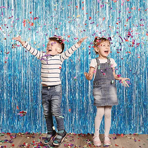 Image of GOER 3.2 ft x 9.8 ft Metallic Tinsel Foil Fringe Curtains for Party Photo Backdrop Wedding Decor (Light Blue,1 Pack)