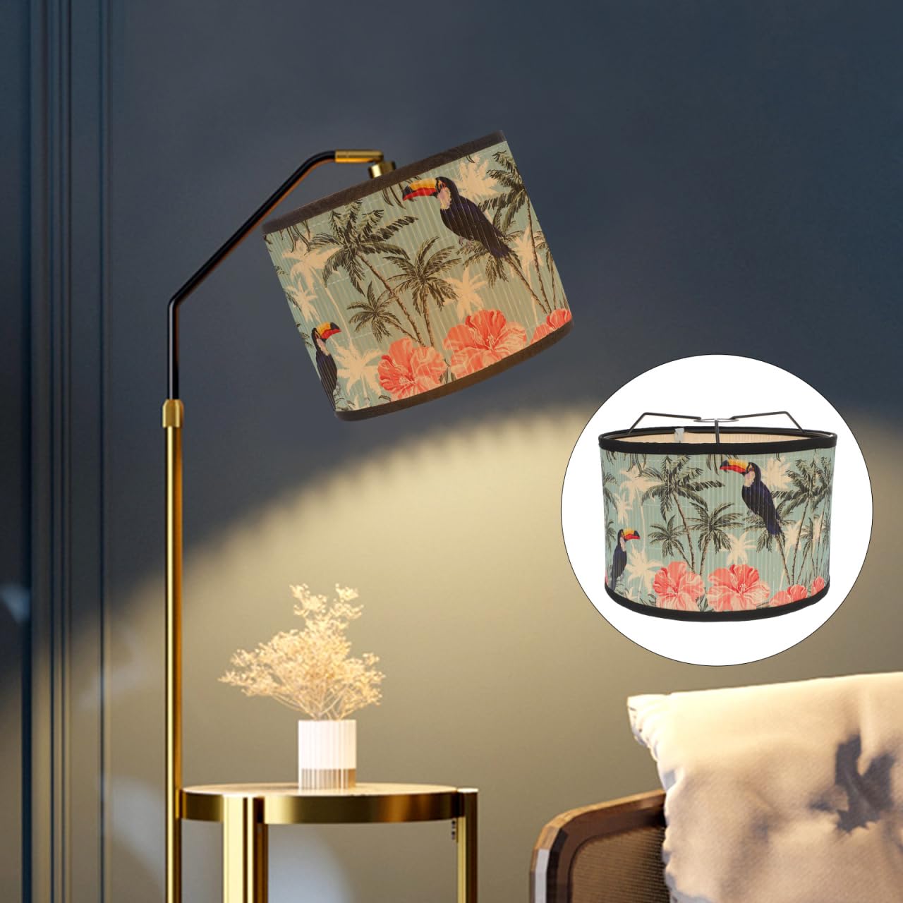 OSALADI Japoński klosz bębnowy, E27, vintage, wzór kwiatowy, żyrandol, osłona lampy, akcesoria świetlne, do lampy wiszącej, stojąca, zielony