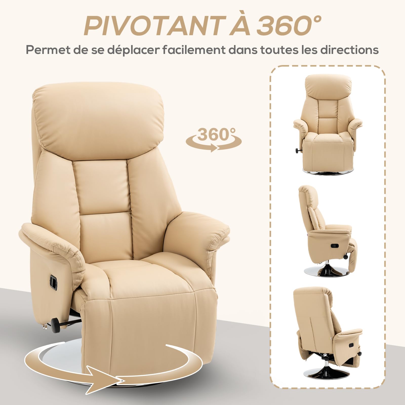HOMCOM Fauteuil de Relaxation Fauteuil Relax de Salon inclinable pivotant Repose-Pied réglable accoudoirs, Chaise TV en Cuir synthétique, jusqu'à 150 kg, pour Salon, Chambre, Home cinéma, Beige