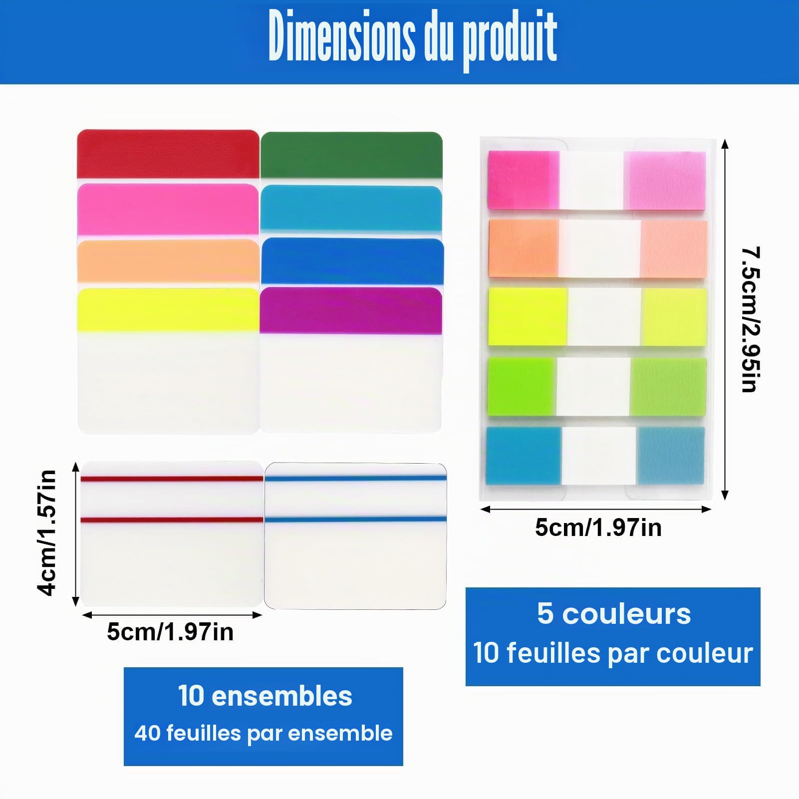 500 Onglets Index Collant, 400 5.1x4cm Marque Page Adhésif en 10 Couleurs und 100 petites Onglets, Autocollantes d'Index Étiquettes pour l'Apprentissage et l'Organisation