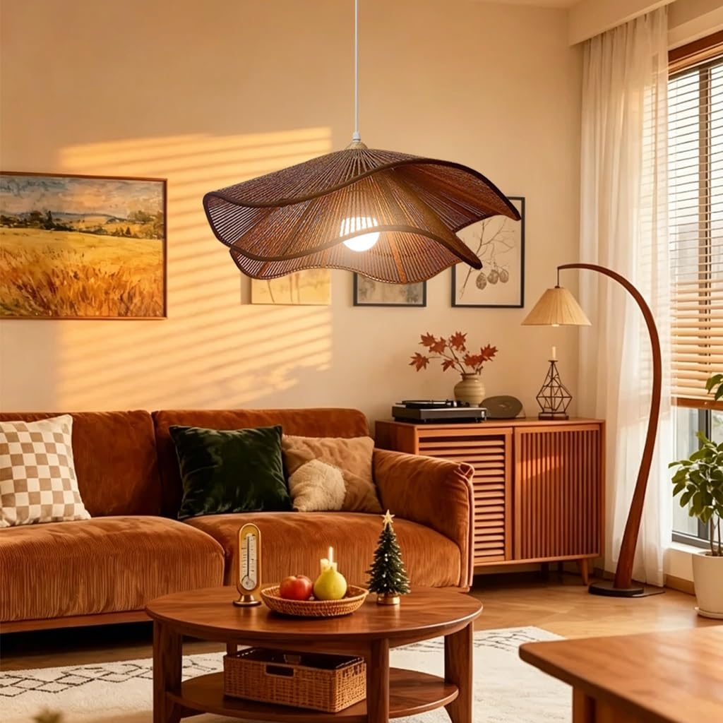 Lampadario In Vimini Con LED Lampada A Sospensione Intrecciata A Mano Lampadario In Stile Retrò A Forma Di Petalo Stile Bohemien Per Sala Da Pranzo Isola Della Cucina Soggiorno(Marrone,40CM)
