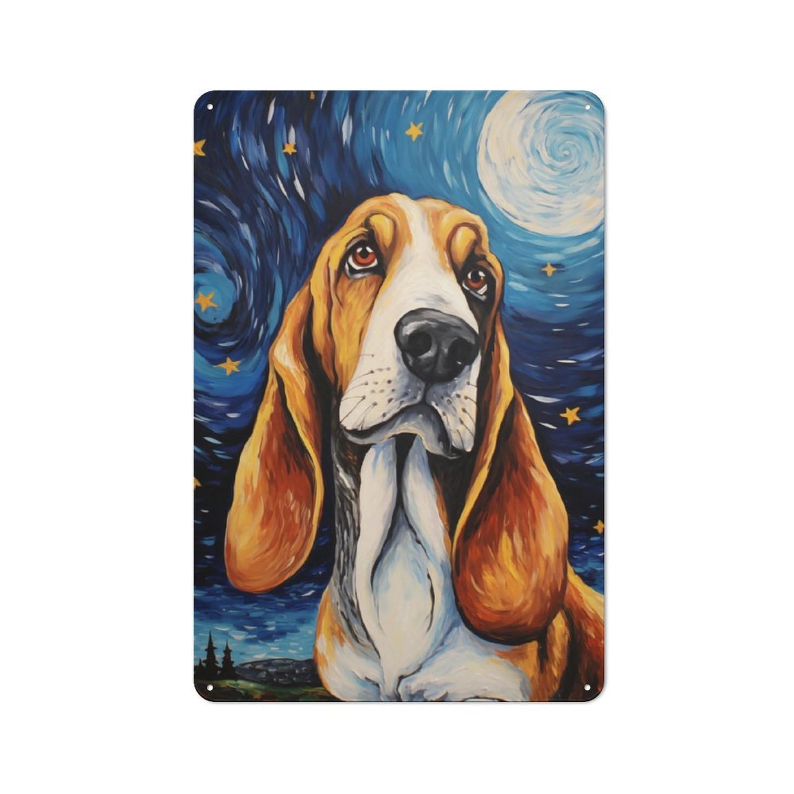 Junmoney Basset Hound Starry Night Metal Sign 30X20cm With For Hallway Wall, Rustic Decor, Housewarming Present For People Styling Hallway