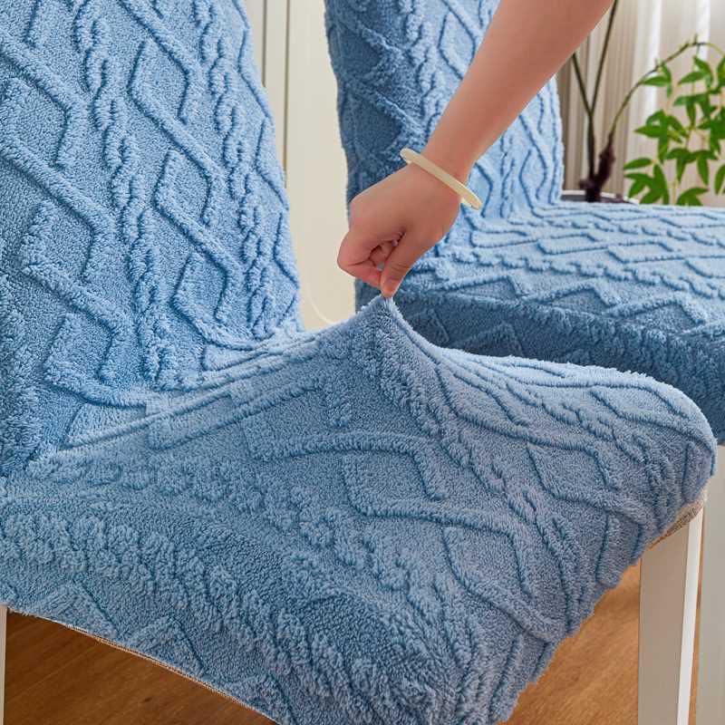 Image of HOMETHREADS Elastic Jacquard Chair Cover-Stretch Fit, Removable & Washable Short Dining Chair Seat Protector - 400gsm Soft & Wrinkle-Resistant Slipcover for Home, Kitchen, Banquet (Blue, Pack of 4)
