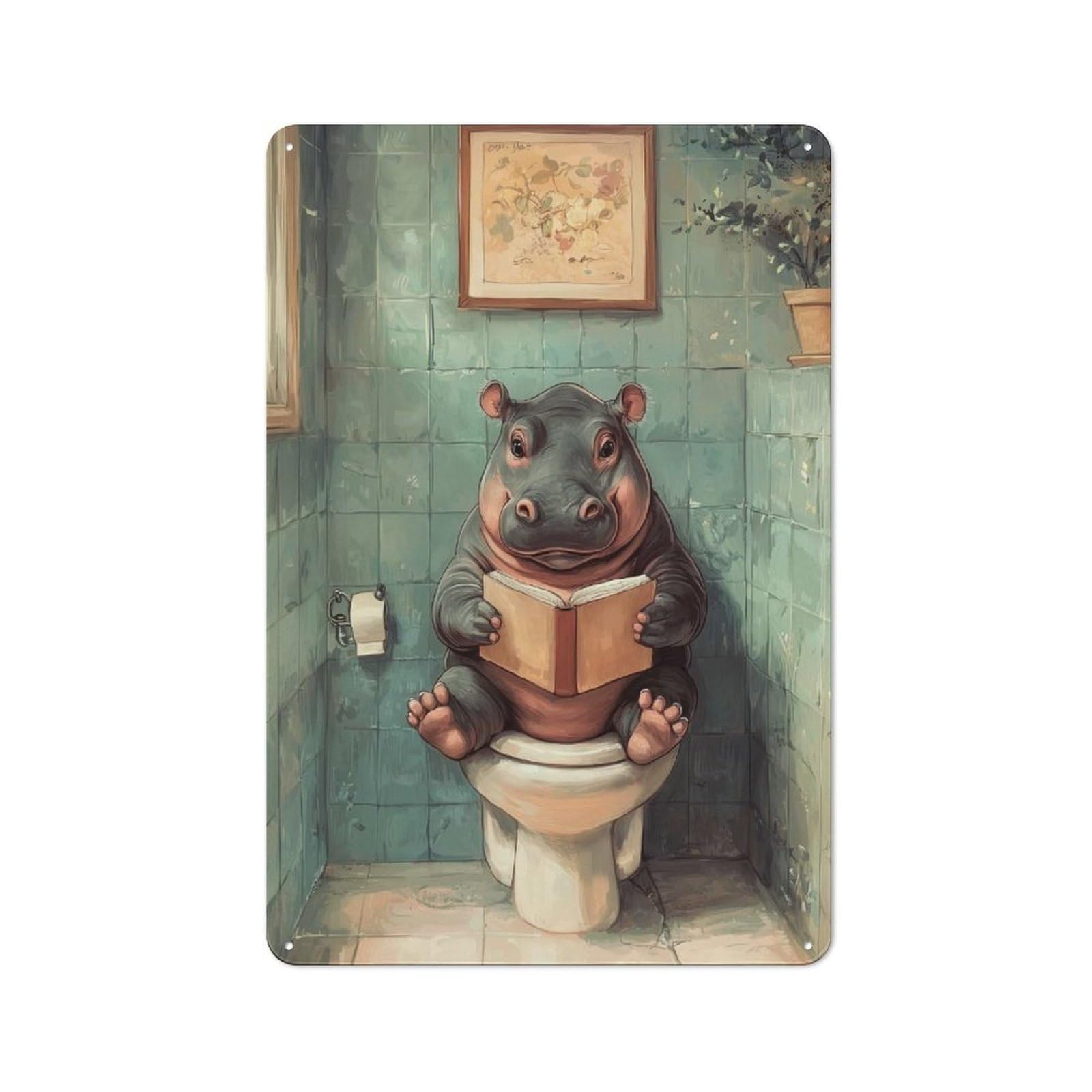 Junmoney Hippopotamus Reading On Toilet Tin Wall Plaque 30X20cm With For Hobby Room Or Studio, New Home Wall Decor For Creative Interior Collectors