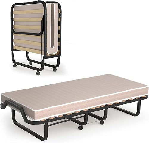 Miniatura 37 de HAPPYGRILL Cama enrollable, cama plegable con colchón de espuma viscoelástica de 5 pulgadas, marco de acero resistente, 4 ruedas universales, cama