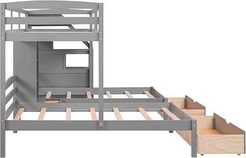 Miniatura 8 de Quarte Elegante litera triple con 3 cajones y escalera de almacenamiento litera de madera individual sobre individual y individual con estantes y