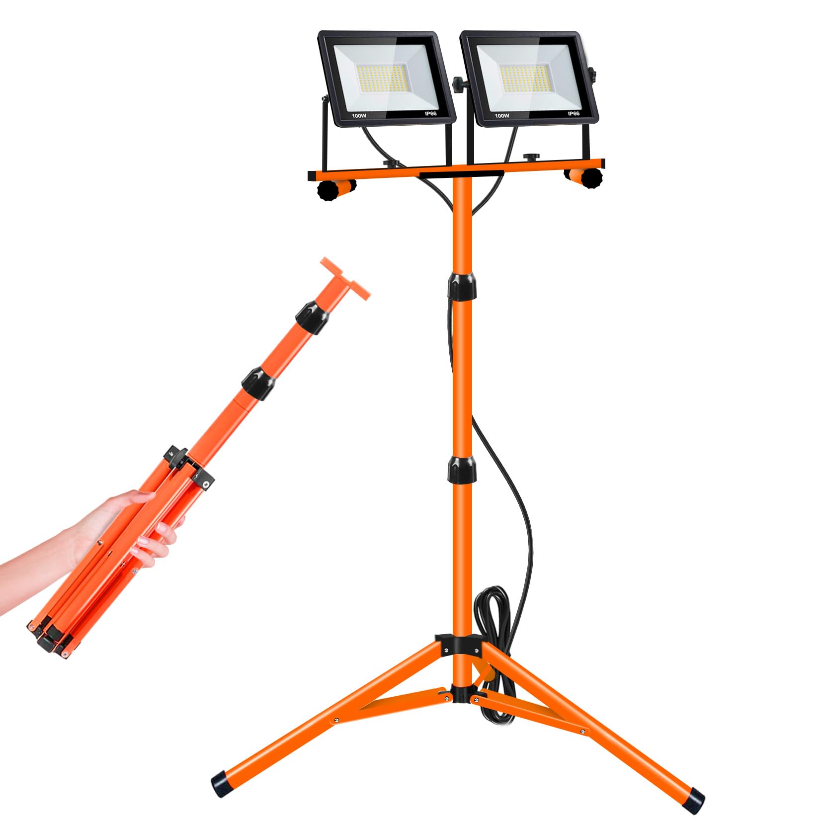 21000 Lumen Work Lights with Stand, 3 Adjustable Head LED Work Light, with Adjustable and Foldable Tripod Stand, Waterproof Lamp with Individual Switch with 6500 Kelvin Color (2-Head-Orange)