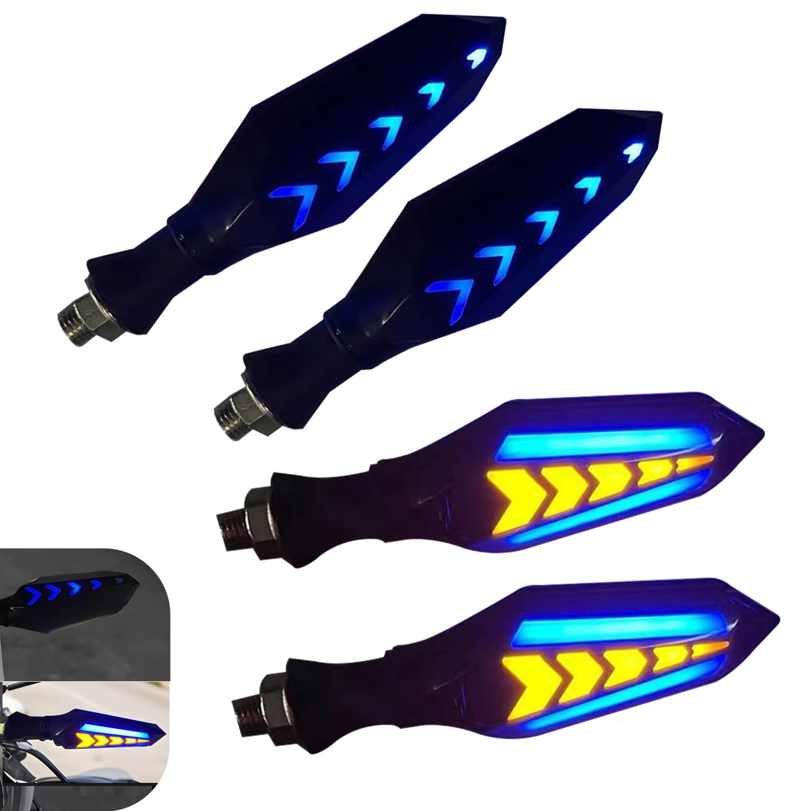 4 PCS Motorcycle Turn Indicator Lights, Arrow Shape Flowing Turn Signal LED with Daytime Running Lights, LED Double-sided Flowing Blinker, Cool Modified Accessories for Motocycle (Blue)
