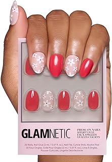 Glamnetic Press On Nails - Red Blossom | Glossy and Matte Short Oval Nails with Floral Accents, Salon Quality | 15 Sizes - 30 Nail Kit with Glue