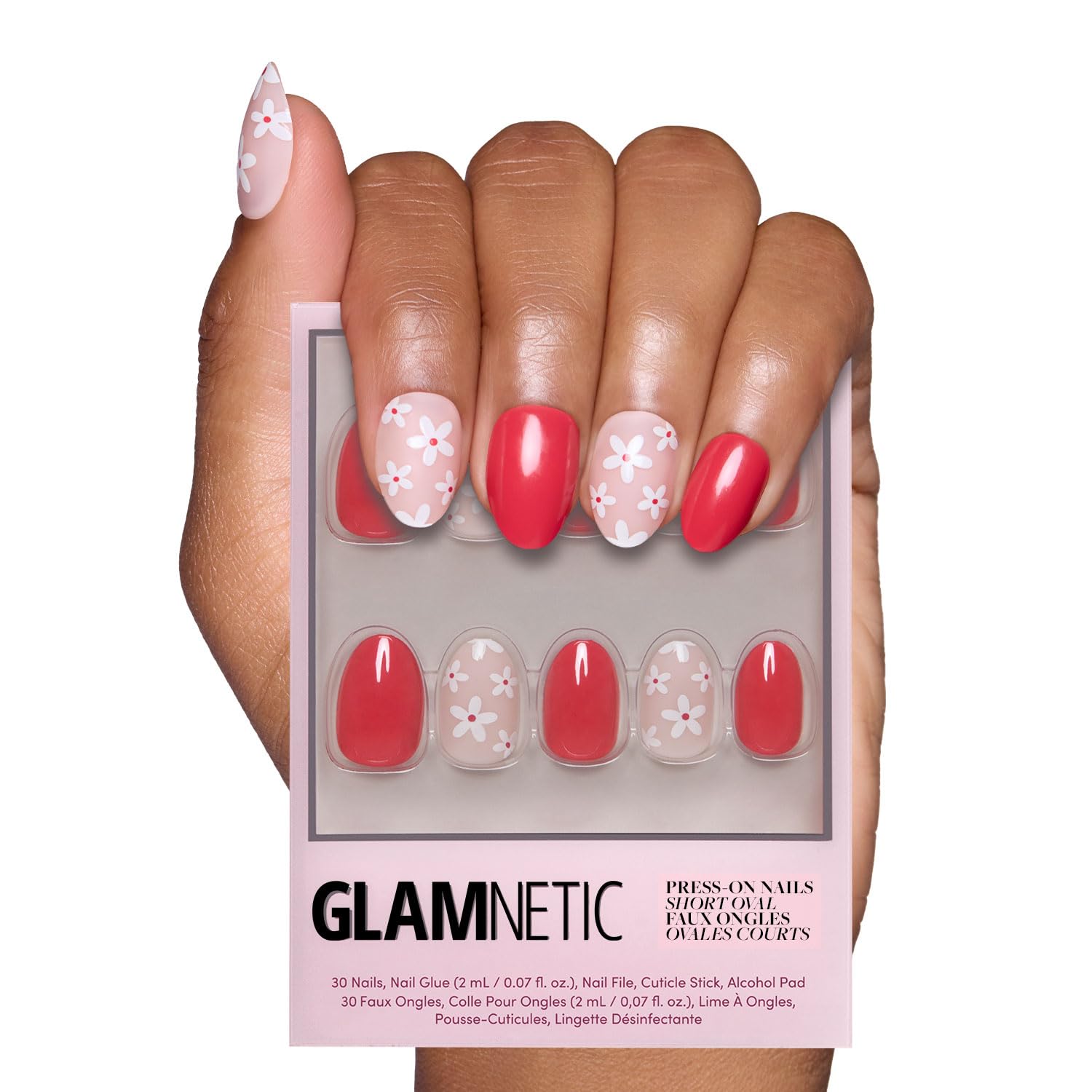 Glamnetic Künstliche Nägel, rote Blume, kurz, oval, glänzend und matt, mit Blumendetails, professionelle Qualität, 15 Größen, Set mit 30 Nägeln mit Kleber