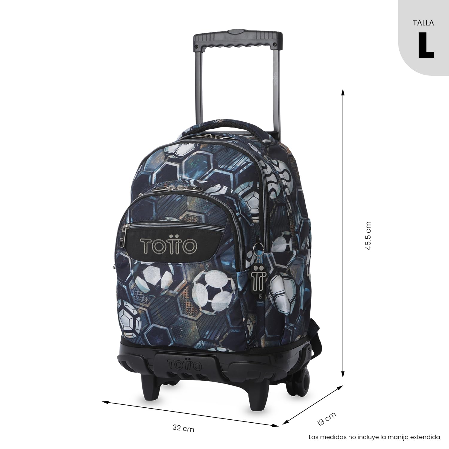 TOTTO - Mochila Escolar con Ruedas, Modelo Renglones, Capacidad 26,21 Litros, Bolsillo para PC 15,4", Bolsillo Botella, Correas en S para Mayor Comodidad, Resistente, Estampado Verat Soccer