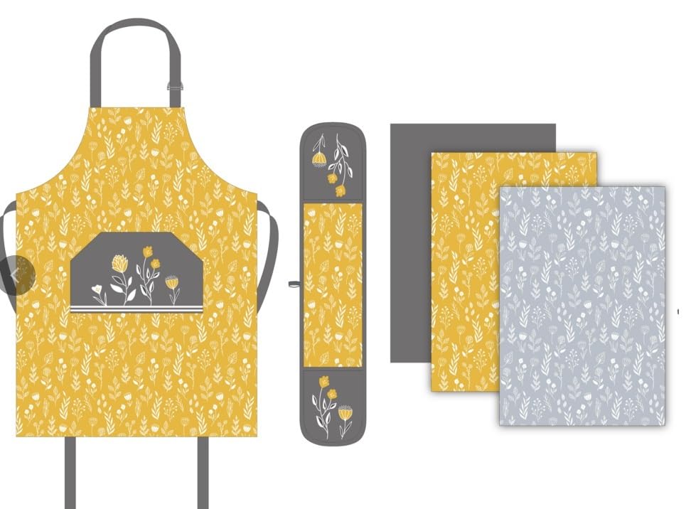 Premium Apron, Double Oven Gloves & Tea Towels Linen 5 Pcs Set (Mustard)