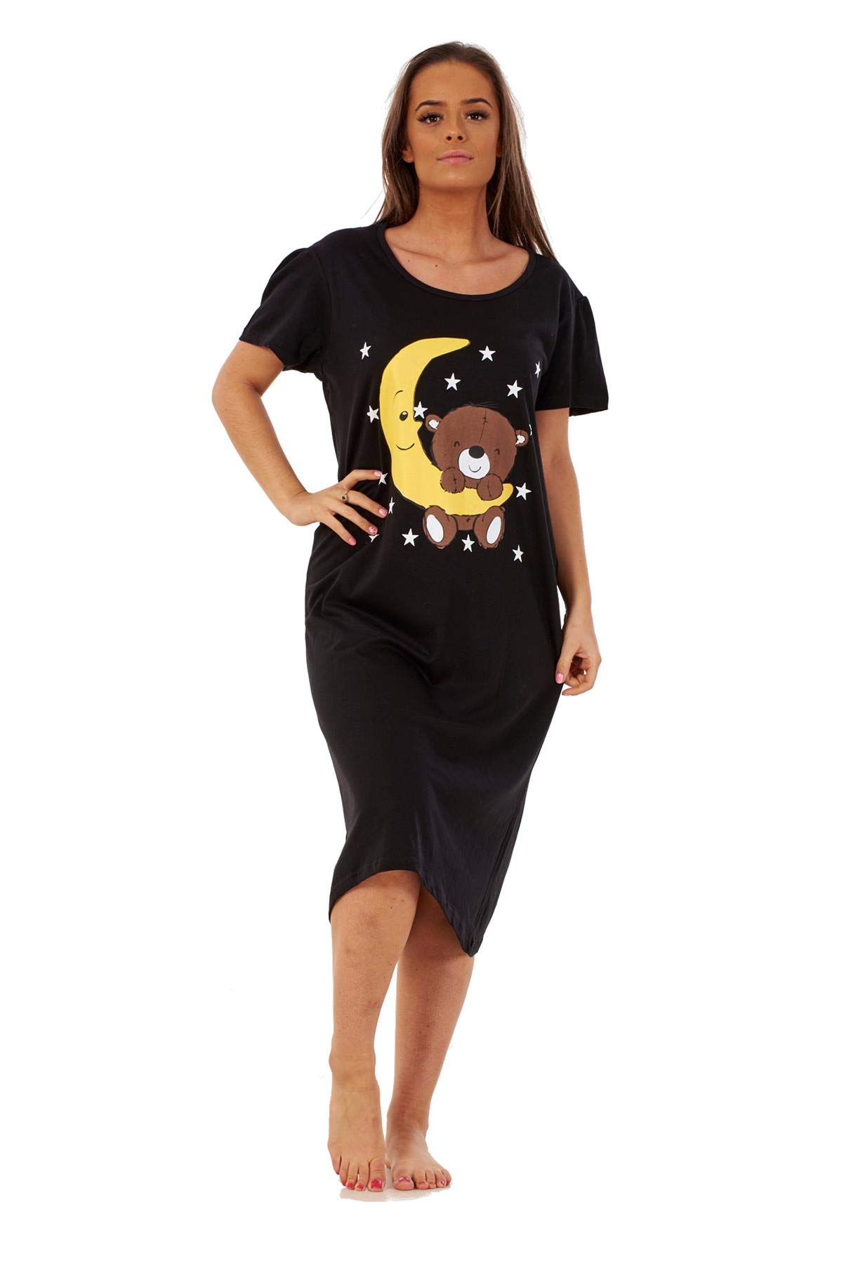 Malay Women's Black Nightwear Round Neck Star Moon Printed Short Sleeve Nightie Nightshirt