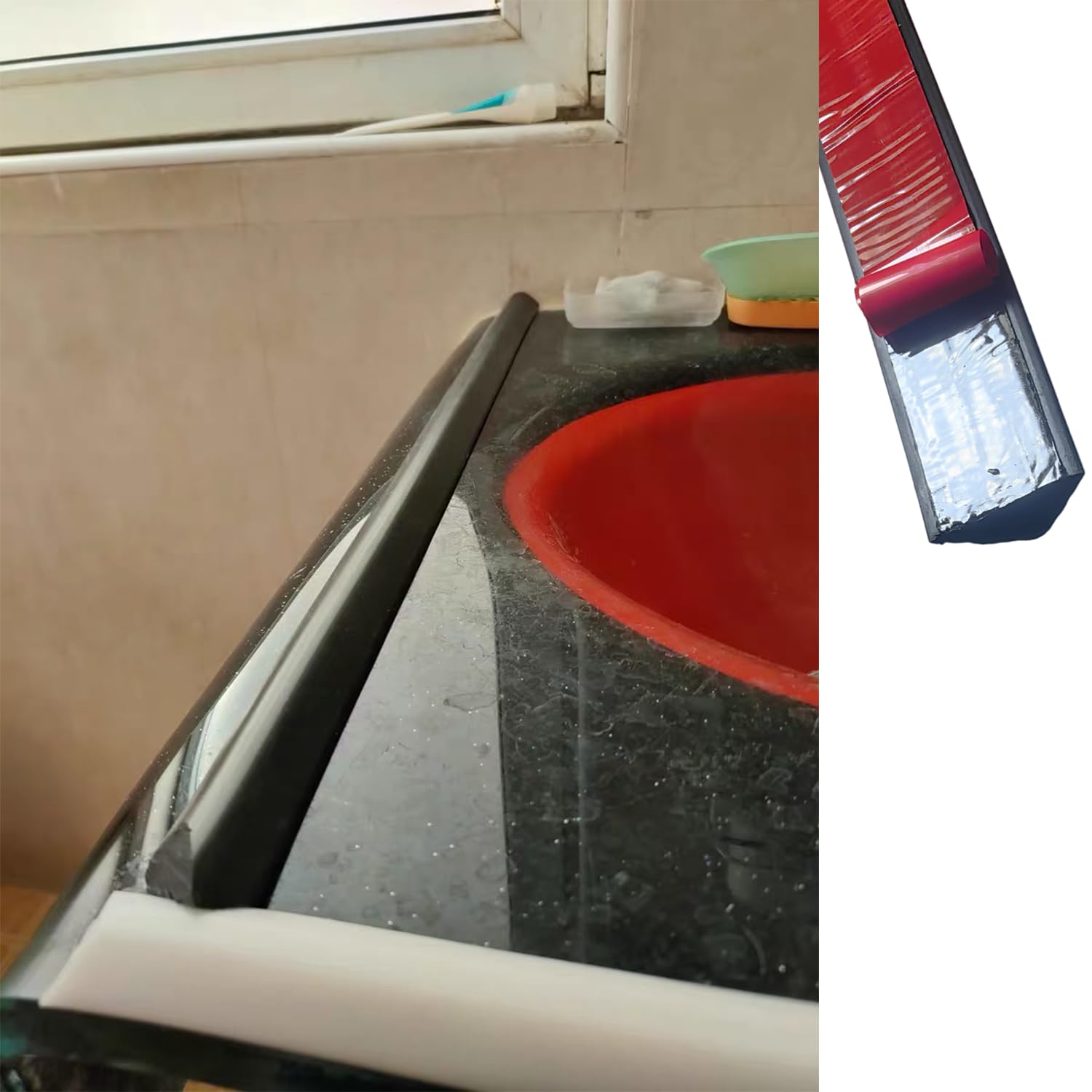Bariera wodna z gumy - wodoszczelne paski z gumy, czarne, 1,5 m, trójkątna wysokość 1,2 cm, z samoprzylepną tamą wodną, do kuchni płyty kuchennej