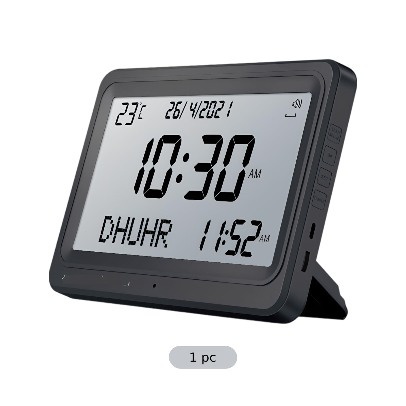 Horloge Azan Clocks pour l'appel à la prière musulmane avec son, pour la maison, bureau ou table, calendrier islamique numérique et affichage de température, réveil de prière USB ou piles, noir