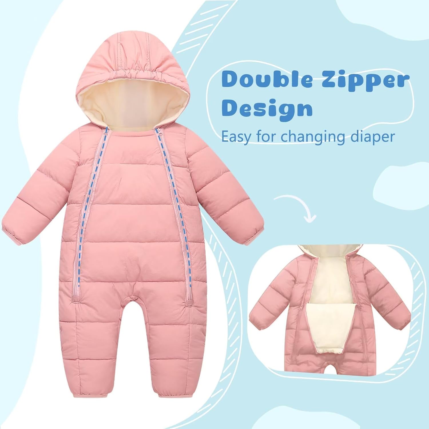 BYFRI Baby Snowsuit Infant Winter Jumpsuit 0-24M Toddler Footed Jacket Unisex Warm Hooded Outfit Thick Fleece Coat