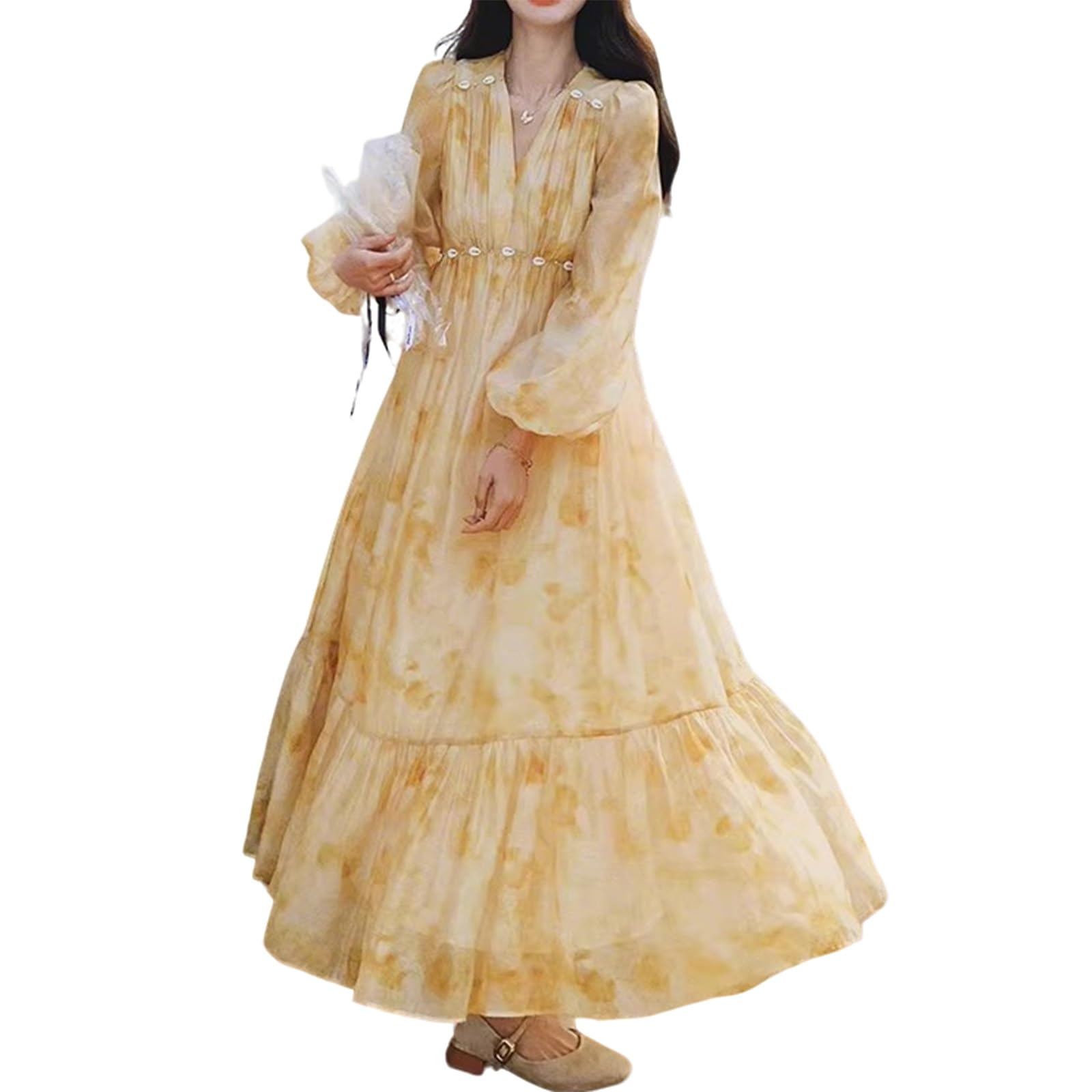 Abito Donna Francese con Stampa Ombre, Abito Lungo da Spiaggia con Volant E Scollo A V Primavera/Estate, Maniche A Palloncino/Vita Alta
