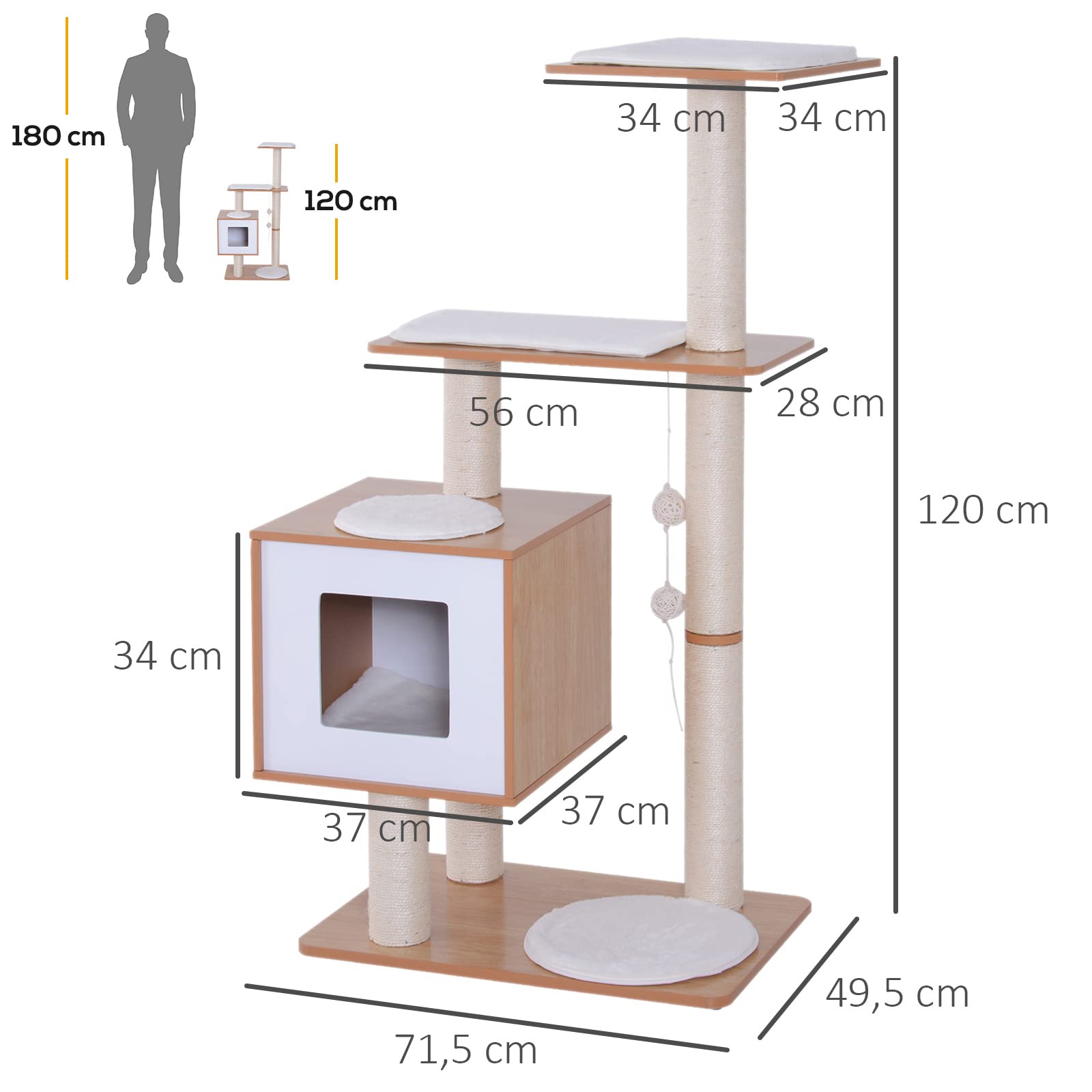 PawHut Árbol Rascador para Gatos Torre de Gato 71,5x49,5x120 cm Natural | de Madera, con Cueva, Plataformas, Postes Rascadores de Sisal, Cojines de Felpa Suave, Bolas Colgantes