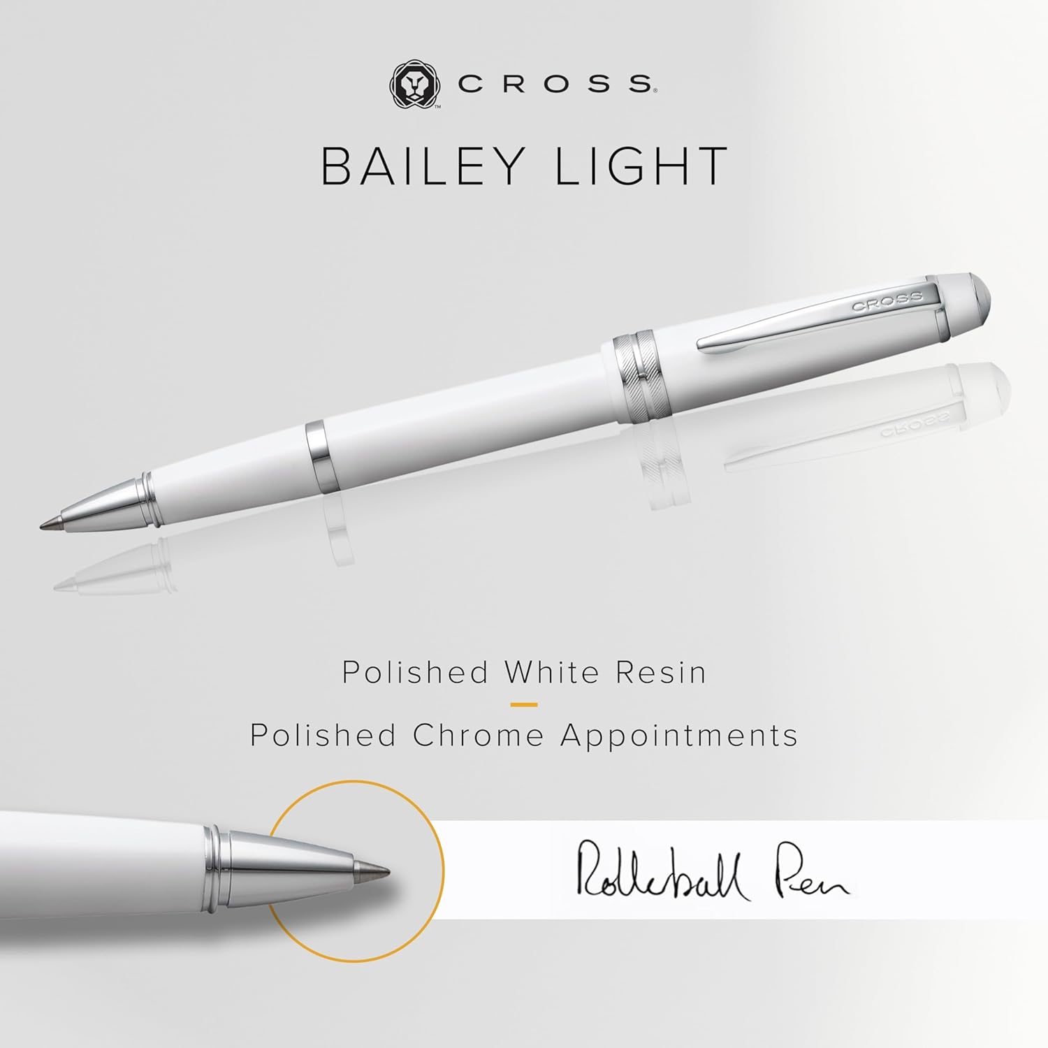 Cross Bailey Light Polished White Resin Rollerball Pen - Professional Pen for Effortless Writing - Journaling, Note-Taking & More - Black Ink - Easy Handling - Includes Gift Box