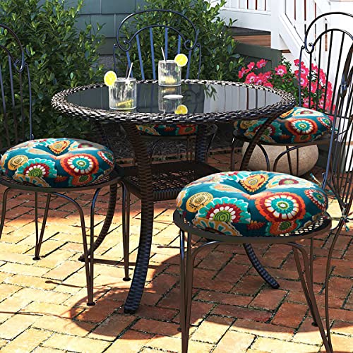 Magpie Fabrics Outdoor 15"X15"X4" Round Bistro Seat Cushions With Ties Set Of 2, Tufted Waterproof Patio Floor Chair Pads For Home Garden Balcony Kitchen Office Porch, Heronsbill Turquoise Green #TOP5