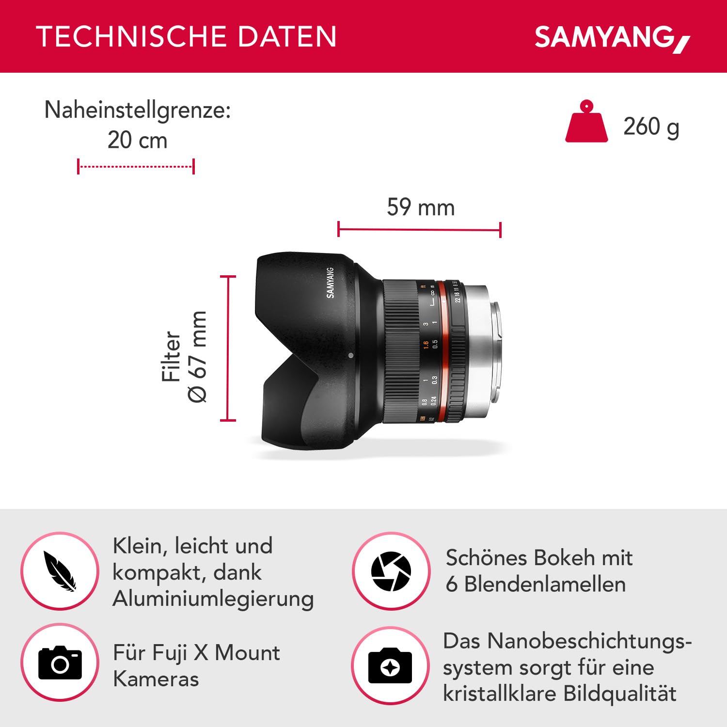 Samyang 12mm F2.0 APS-C Fuji X schwarz - Weitwinkel Festbrennweite Objektiv für Fuji X, manueller Fokus, für Kamera X-T4, X-T30, X-T30 II, X-T200, X-Pro3, X-A7, X-A5, X-T100, X-T3, X-E3