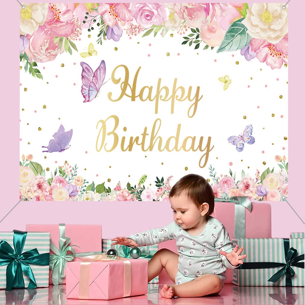 Toile De Fond Photo 1er Anniversaire Fille - Motif Floral Rose, Papillons, 2,1x1,5 M | Décoration Fête, Thème Conte De Fées